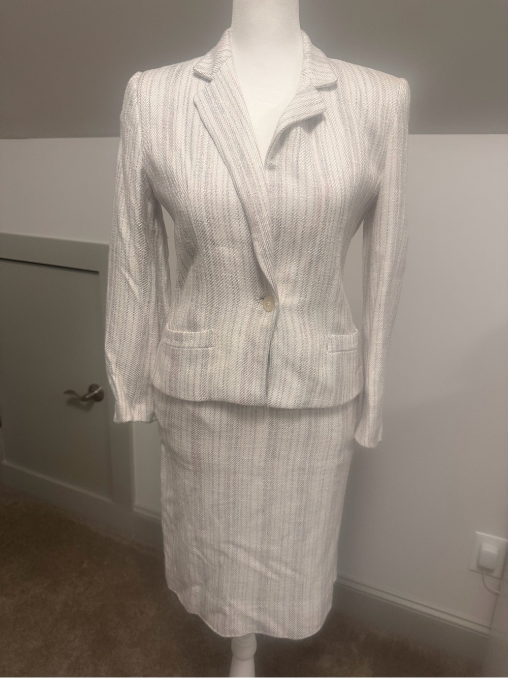 Christian Dior Vintage Petites Skirt Suit Set White Textured Striped Blazer Sz2